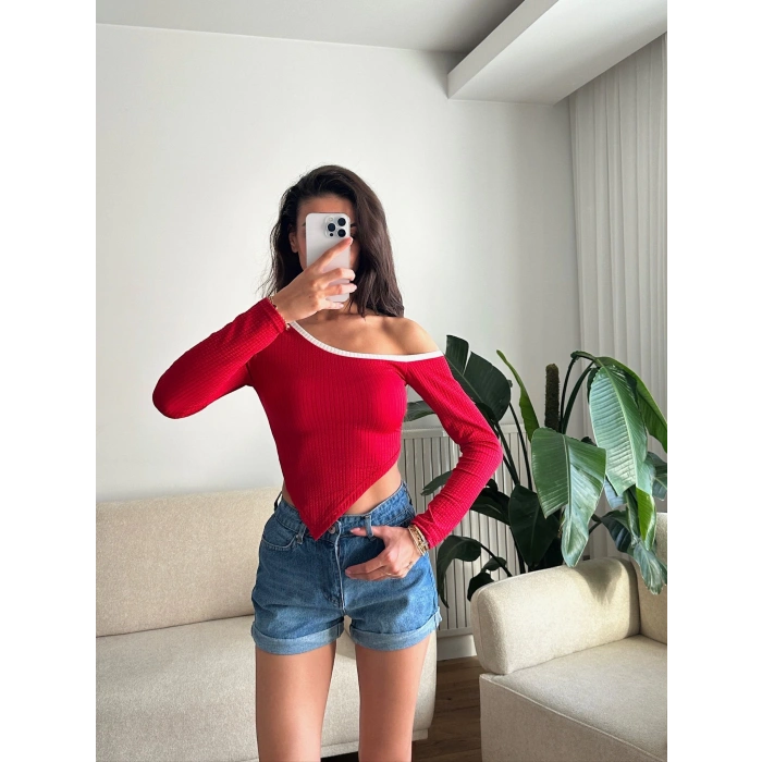 Asimetrik Tek Omuz Biyeli Crop - KIRMIZI