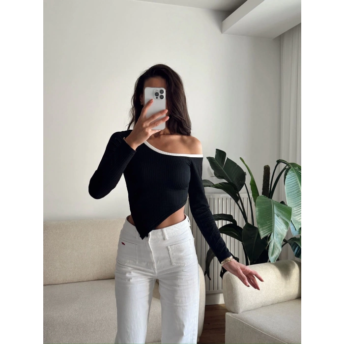Asimetrik Tek Omuz Biyeli Crop - SİYAH
