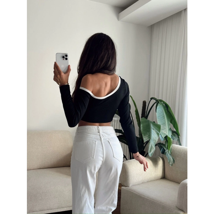 Asimetrik Tek Omuz Biyeli Crop - SİYAH
