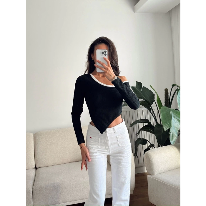 Asimetrik Tek Omuz Biyeli Crop - SİYAH