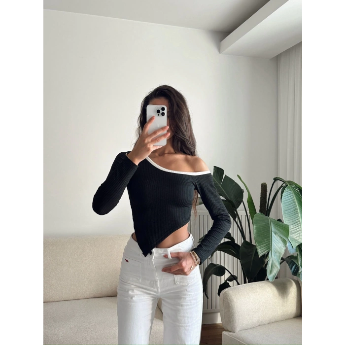 Asimetrik Tek Omuz Biyeli Crop - SİYAH
