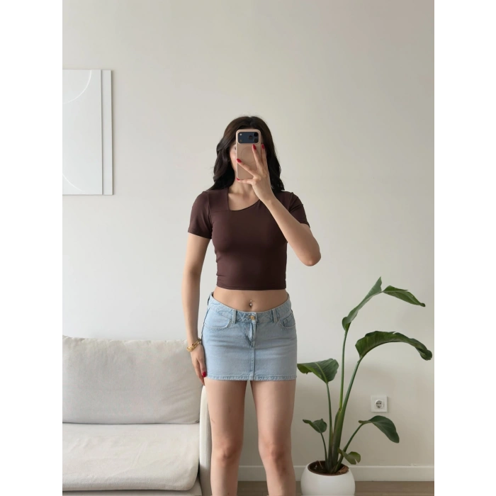 Asimetrik Yaka Crop - KAHVE