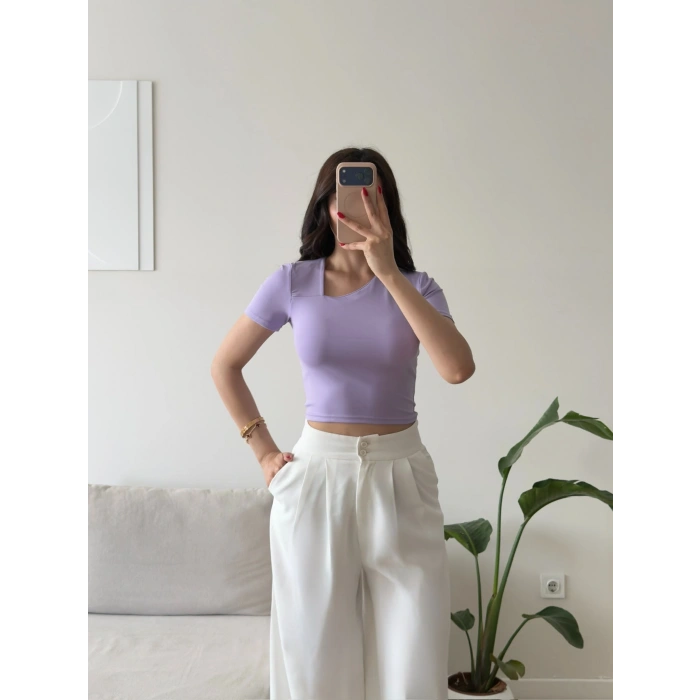 Asimetrik Yaka Crop - LİLA