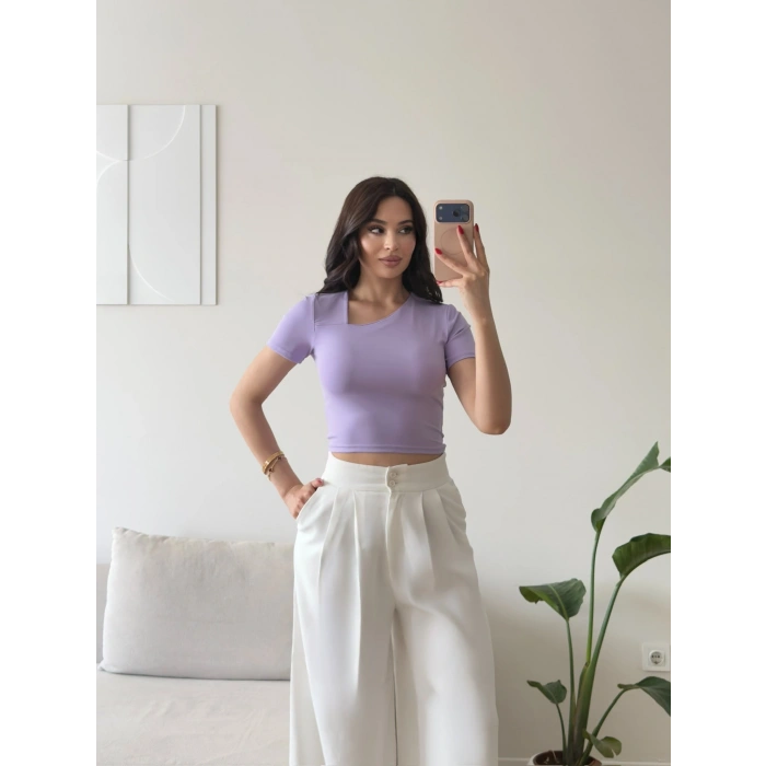 Asimetrik Yaka Crop - LİLA