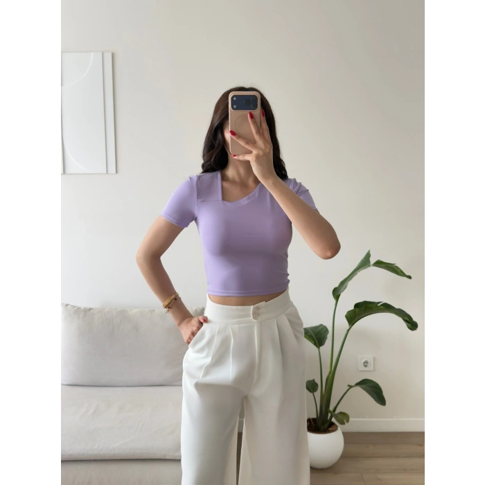 Asimetrik Yaka Crop - LİLA