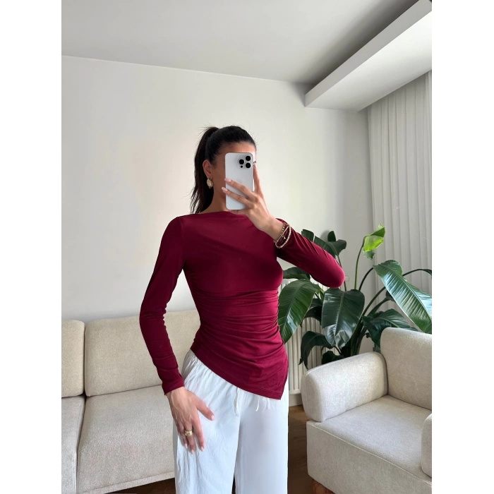 Asimetrik Yan Lastik Bluz - BORDO