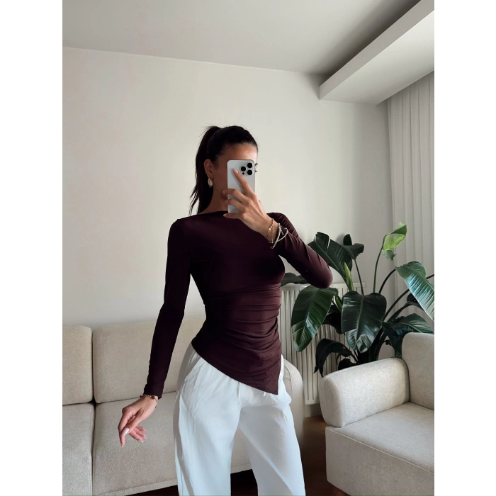 Asimetrik Yan Lastik Bluz - KAHVE