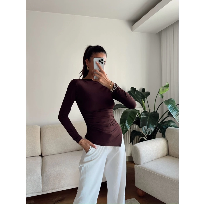 Asimetrik Yan Lastik Bluz - KAHVE