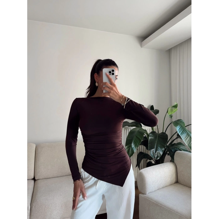 Asimetrik Yan Lastik Bluz - KAHVE
