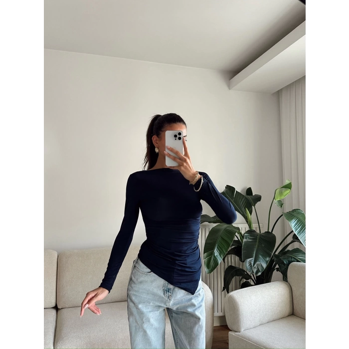 Asimetrik Yan Lastik Bluz - LACİVERT