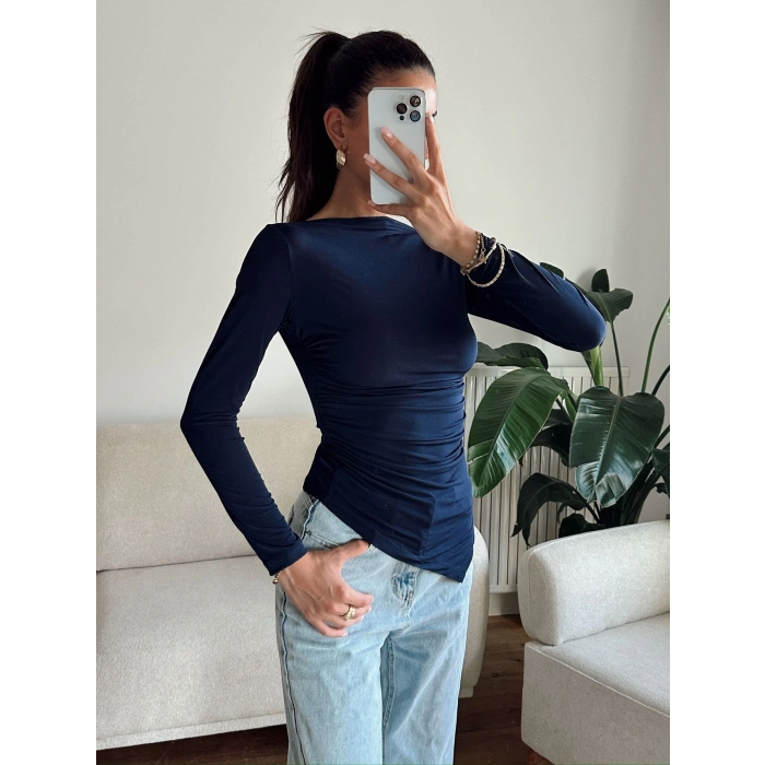 Asimetrik Yan Lastik Bluz - LACİVERT
