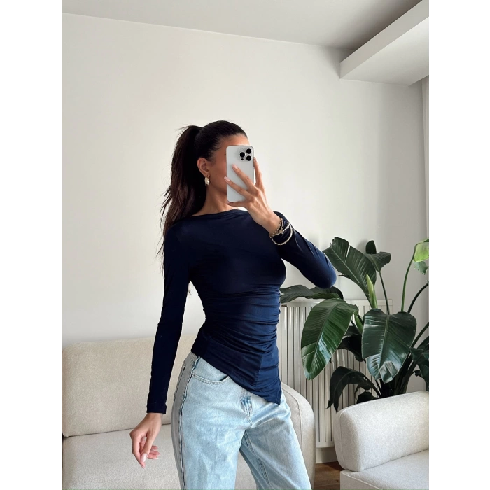 Asimetrik Yan Lastik Bluz - LACİVERT