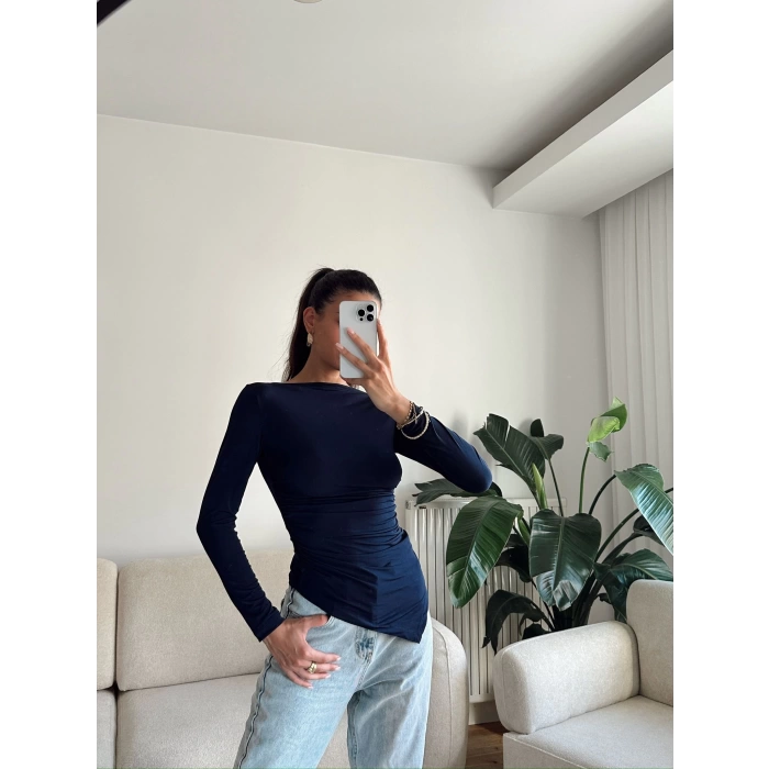 Asimetrik Yan Lastik Bluz - LACİVERT