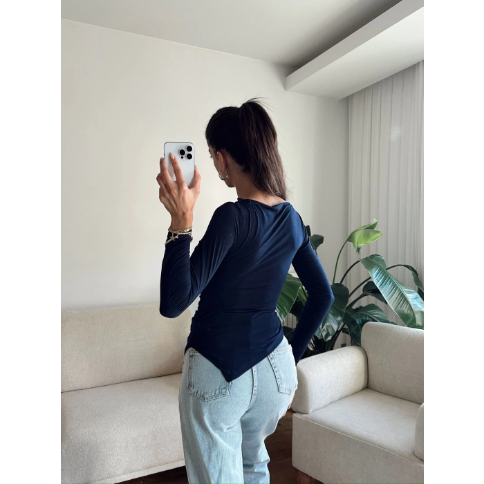 Asimetrik Yan Lastik Bluz - LACİVERT