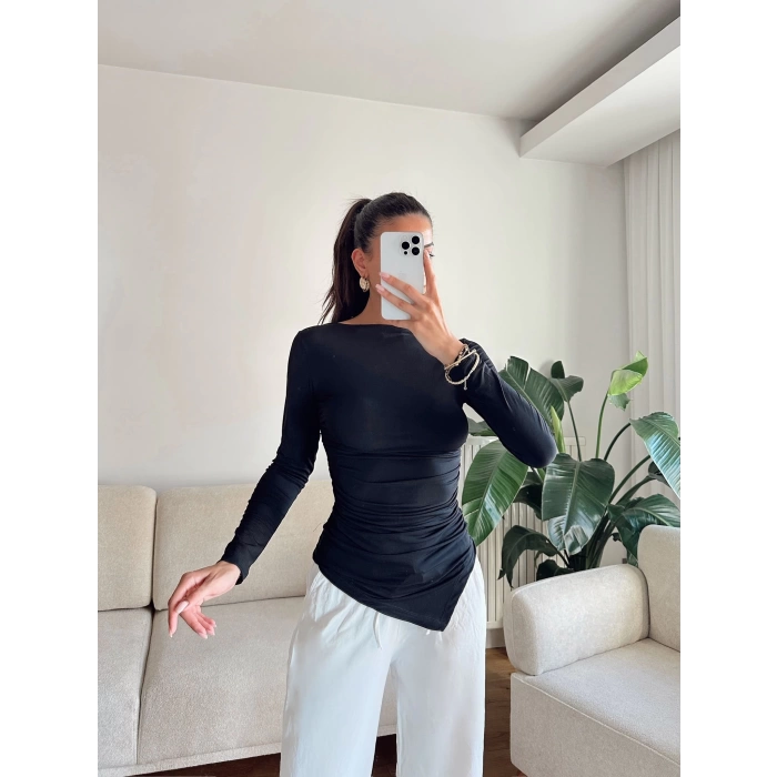 Asimetrik Yan Lastik Bluz - SİYAH