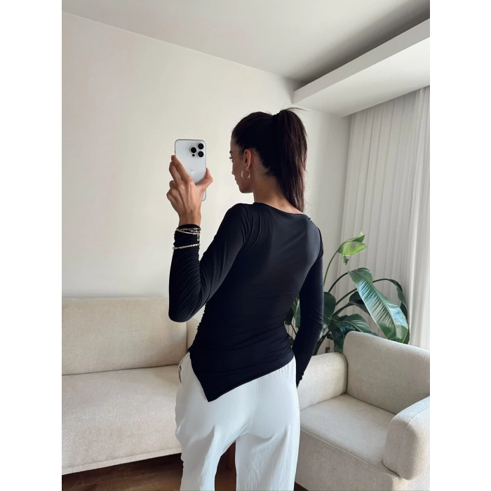 Asimetrik Yan Lastik Bluz - SİYAH