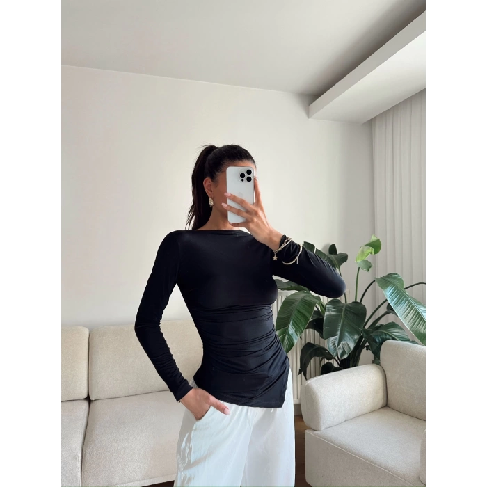 Asimetrik Yan Lastik Bluz - SİYAH