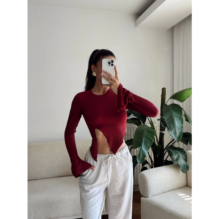Asimetrik Yırtmaçlı Crop - BORDO