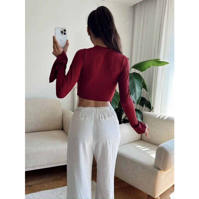 Asimetrik Yırtmaçlı Crop - BORDO