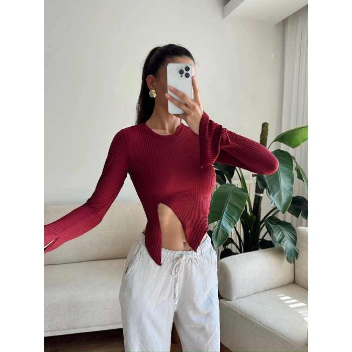Asimetrik Yırtmaçlı Crop - BORDO