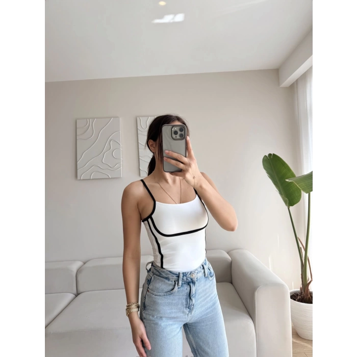 Askılı Ara Biyeli Crop - BEYAZ