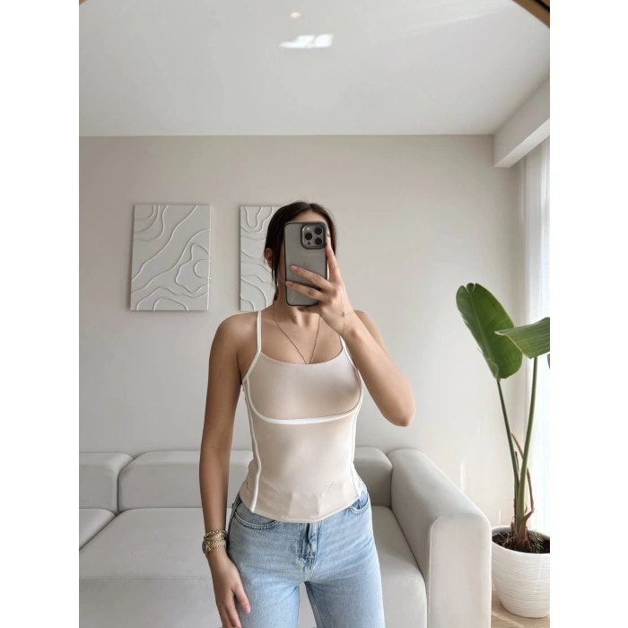 Askılı Ara Biyeli Crop - BEJ