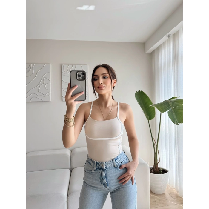 Askılı Ara Biyeli Crop - BEJ