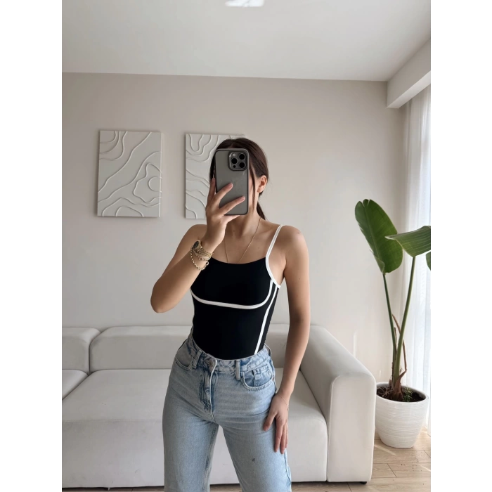 Askılı Ara Biyeli Crop - SİYAH