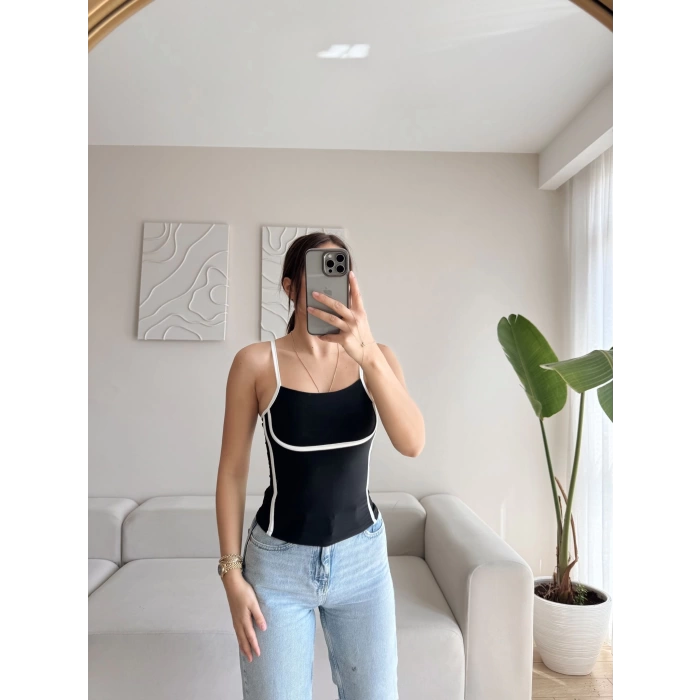 Askılı Ara Biyeli Crop - SİYAH