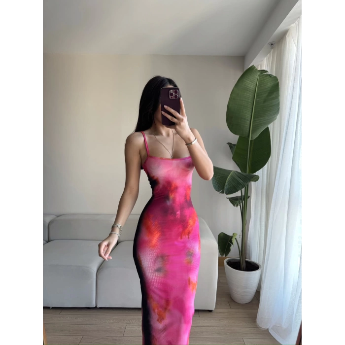 Askılı Batik Desen Dijital Uzun Elbise - FUŞYA