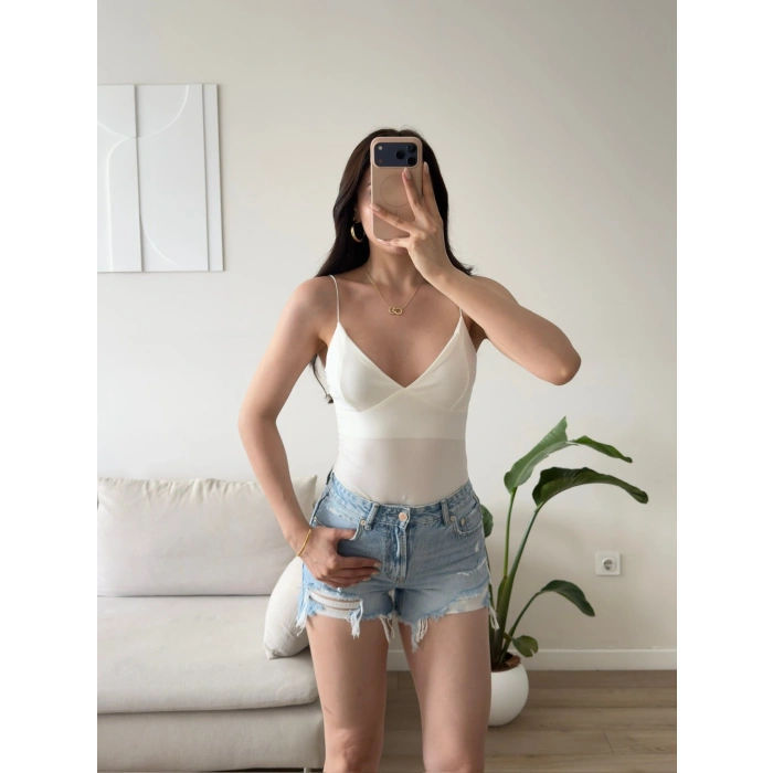 Askılı Biyeli Bodysuit - BEYAZ