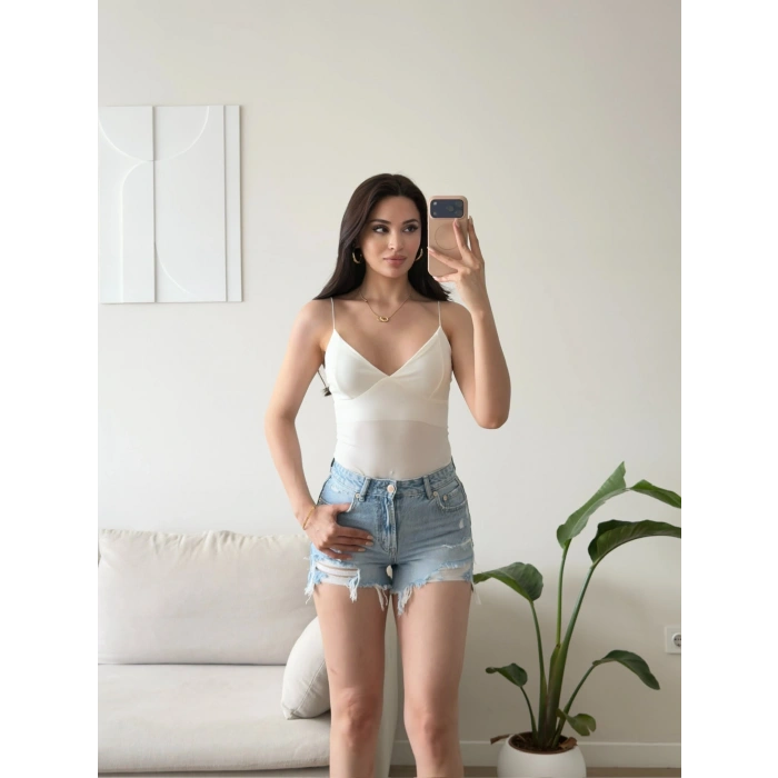 Askılı Biyeli Bodysuit - BEYAZ