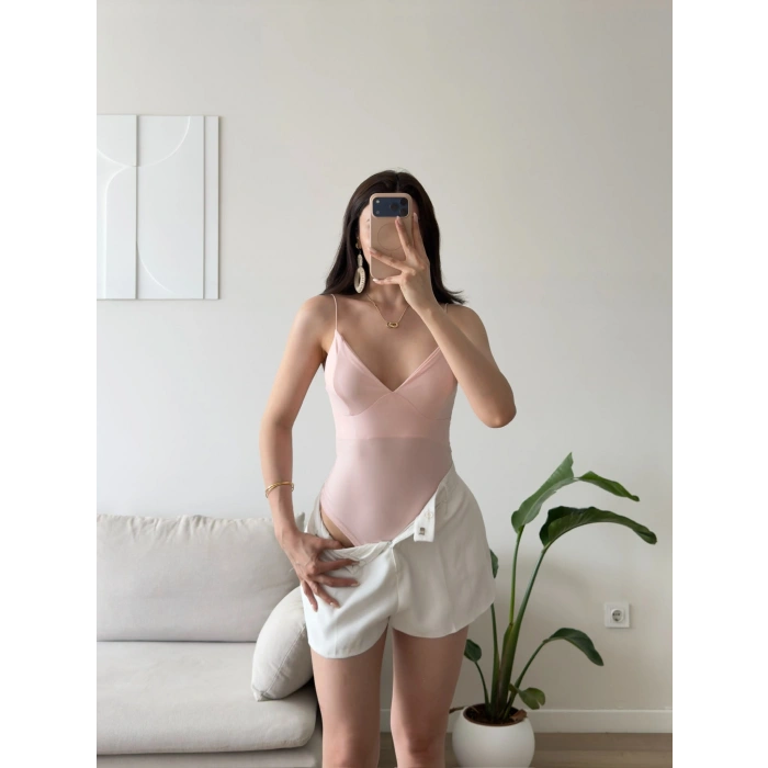 Askılı Biyeli Bodysuit - PEMBE