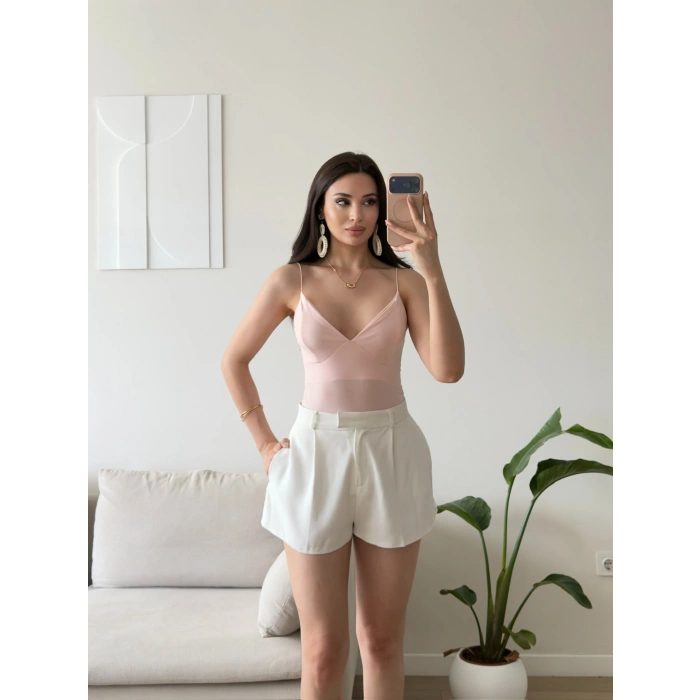 Askılı Biyeli Bodysuit - PEMBE