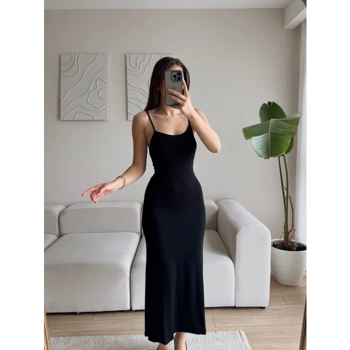 Askılı Biyeli Long Elbise - SİYAH