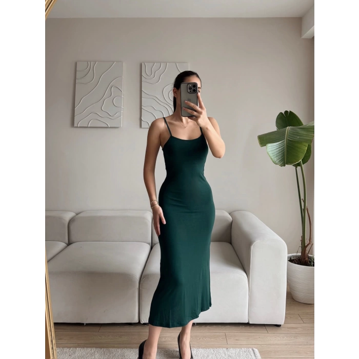 Askılı Biyeli Long Elbise - YEŞİL