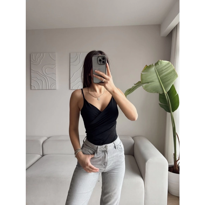 Askılı Çapraz Bodysuit - SİYAH