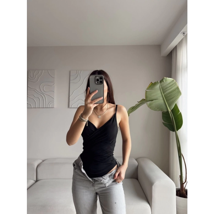 Askılı Çapraz Bodysuit - SİYAH