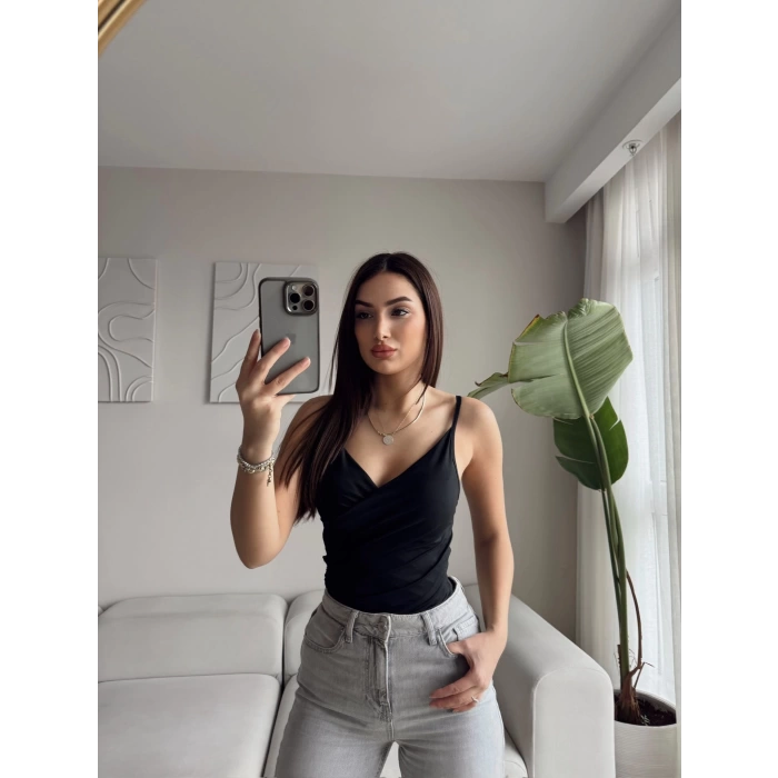 Askılı Çapraz Bodysuit - SİYAH