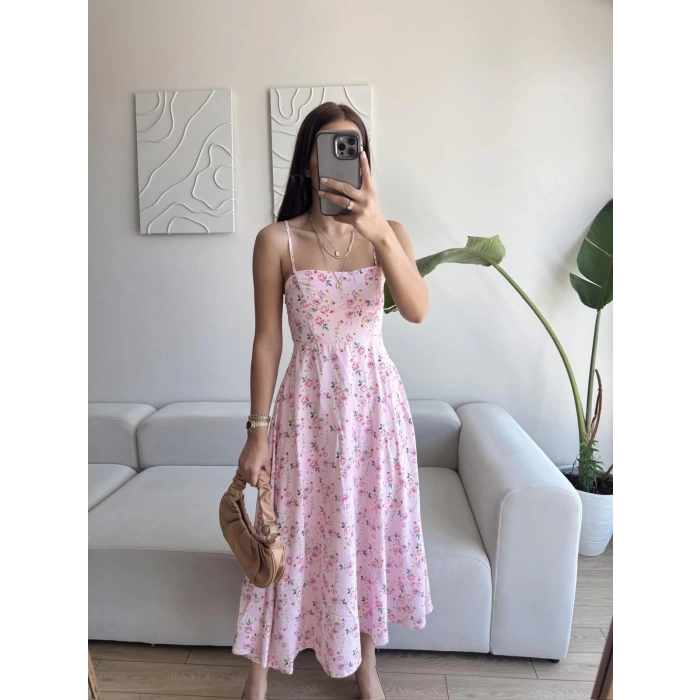 Askılı Çiçek Jessica Elbise - PEMBE