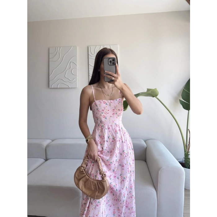 Askılı Çiçek Jessica Elbise - PEMBE