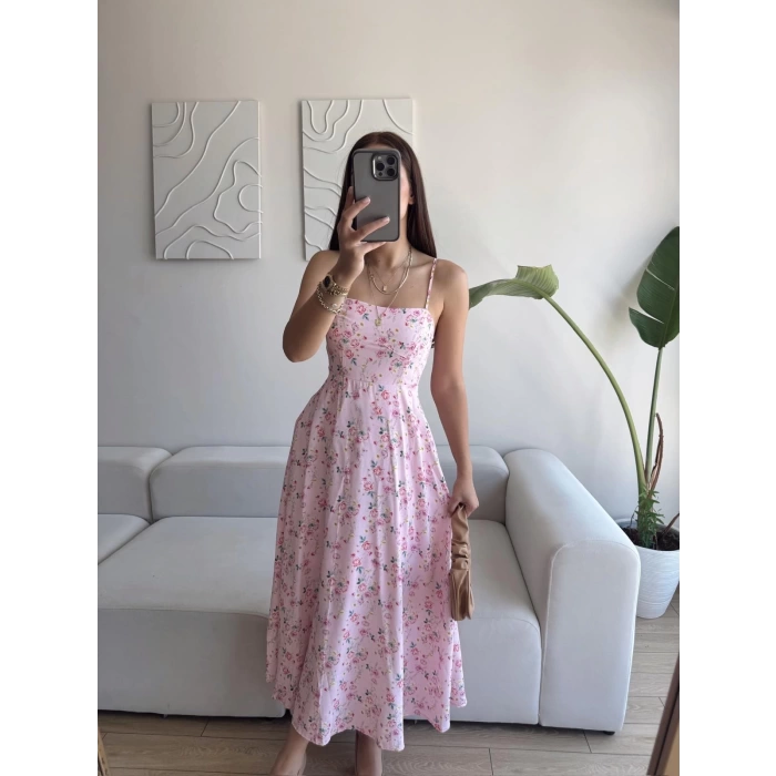 Askılı Çiçek Jessica Elbise - PEMBE