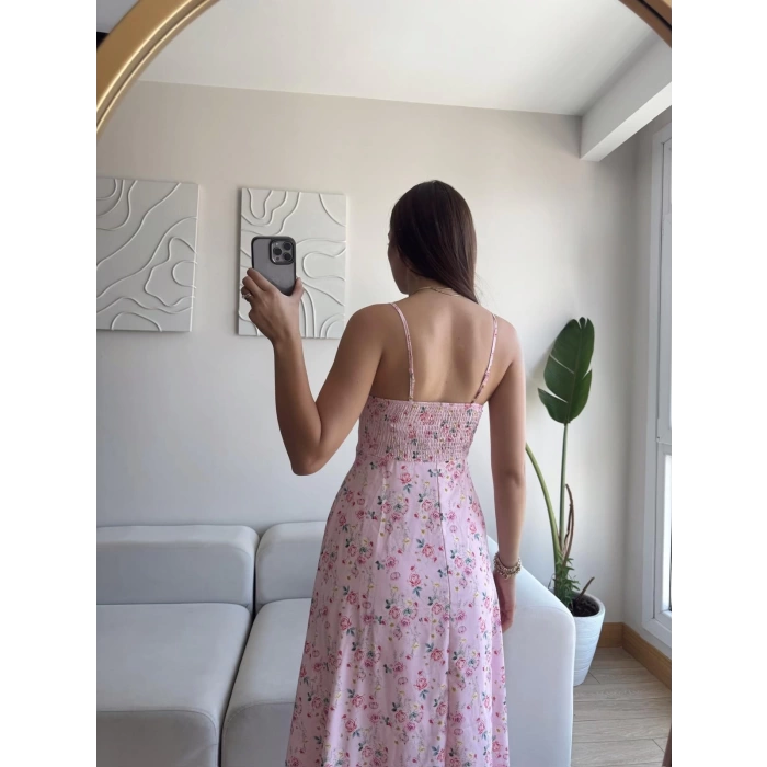 Askılı Çiçek Jessica Elbise - PEMBE
