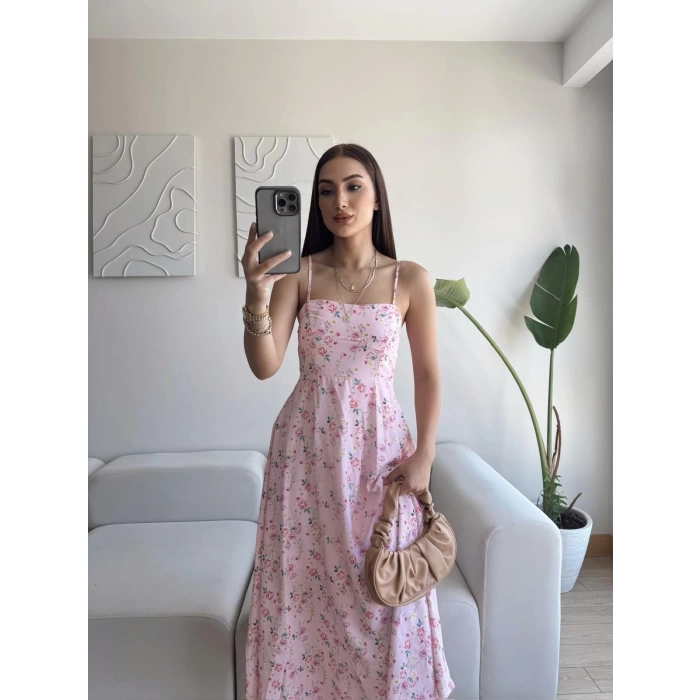 Askılı Çiçek Jessica Elbise - PEMBE