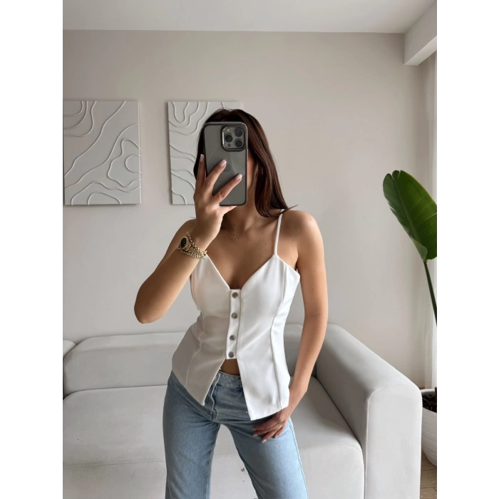 Askılı Çıtçıtlı Korse Bluz - BEYAZ