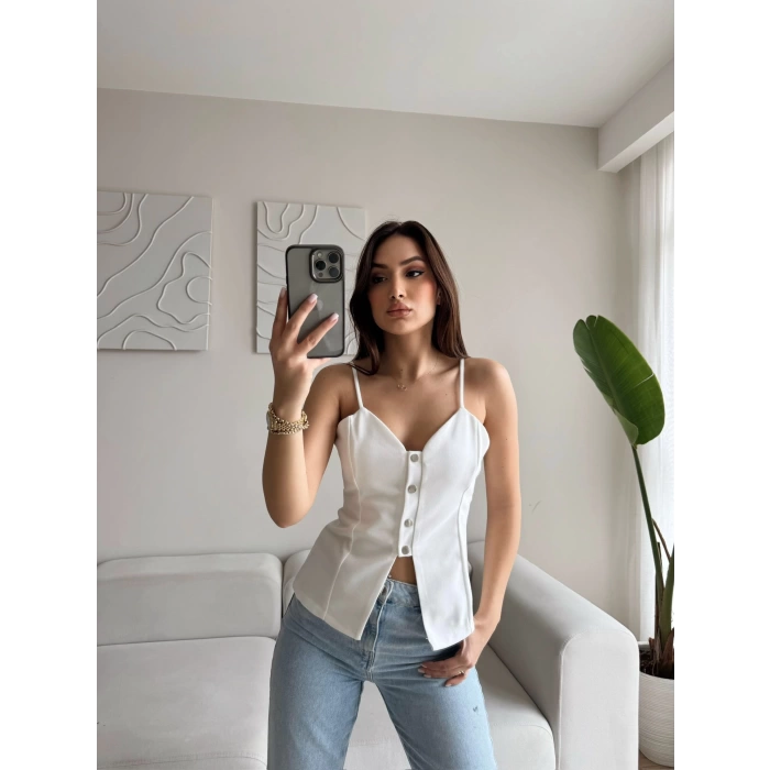 Askılı Çıtçıtlı Korse Bluz - BEYAZ