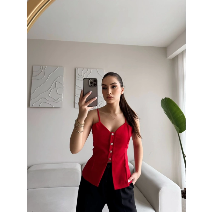 Askılı Çıtçıtlı Korse Bluz - KIRMIZI