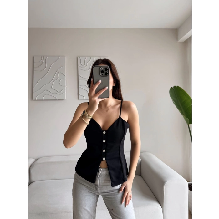 Askılı Çıtçıtlı Korse Bluz - SİYAH