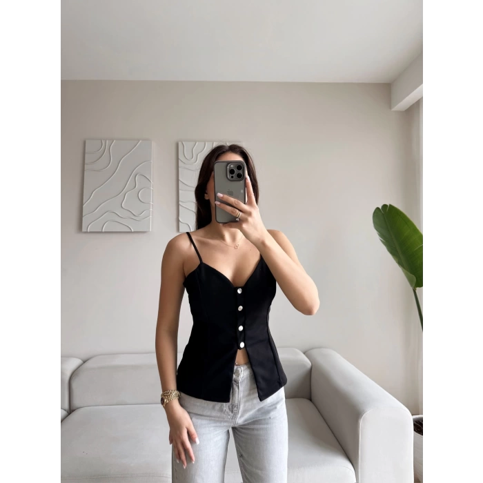 Askılı Çıtçıtlı Korse Bluz - SİYAH