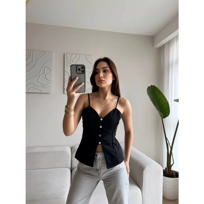Askılı Çıtçıtlı Korse Bluz - SİYAH